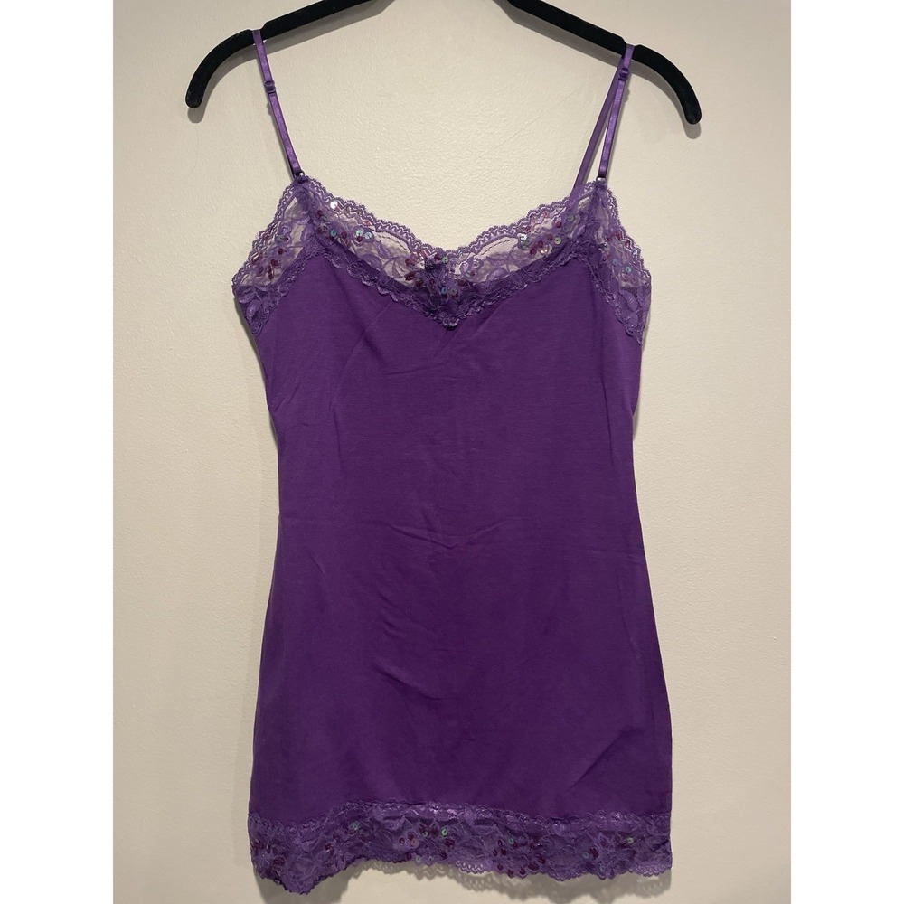 Y2K Deb Purple Lace Trim Sequin Cami Tank Top Women's Large Layering Dark Fairy